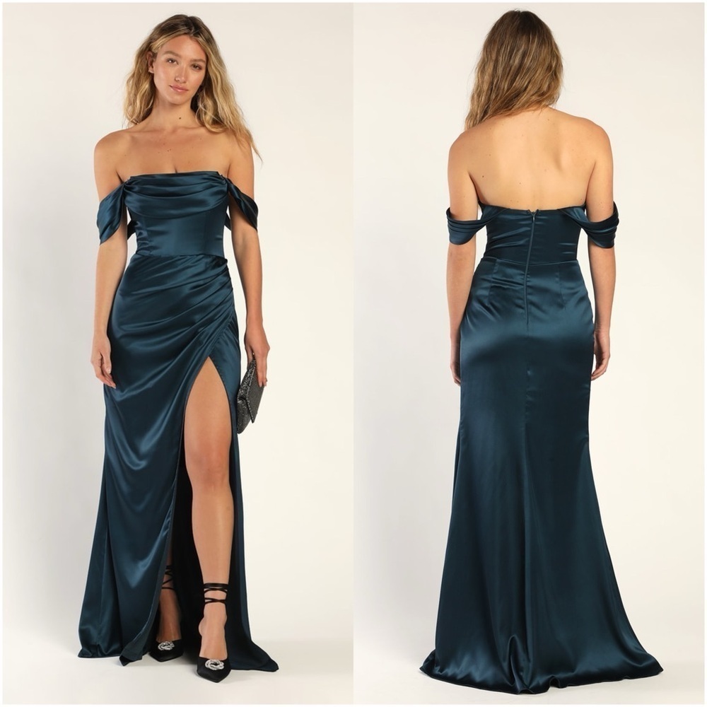 LULU’S Stunning Arrival Dark Teal Satin Off The Shoulder Maxi Dress